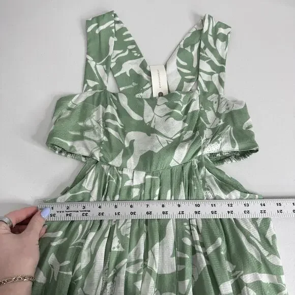 By Anthropologie Dress Womens XS Green Smocked Bandeau Leaf Tropical Cutout Maxi - Picture 12 of 14